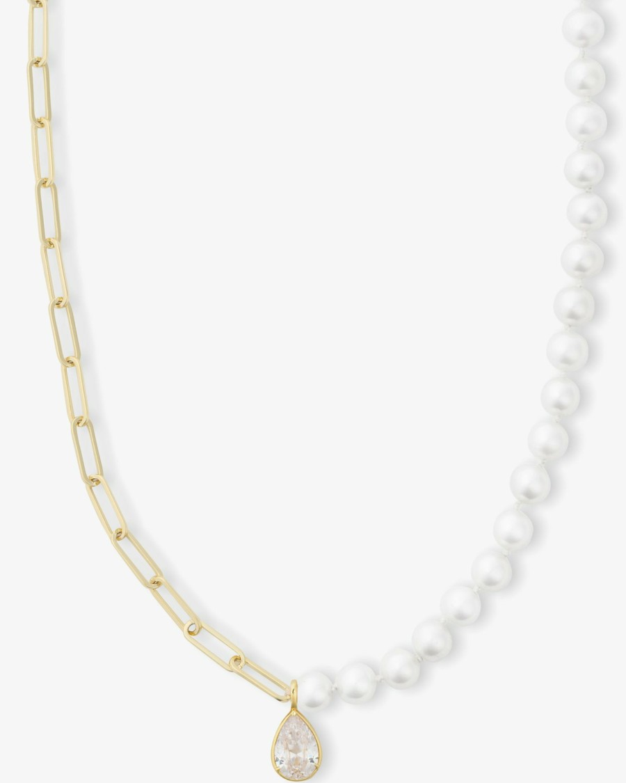 Categories Melinda Maria Jewelry | Samantha Half Chain Pearl Necklace 30" W/Detachable Teardrop