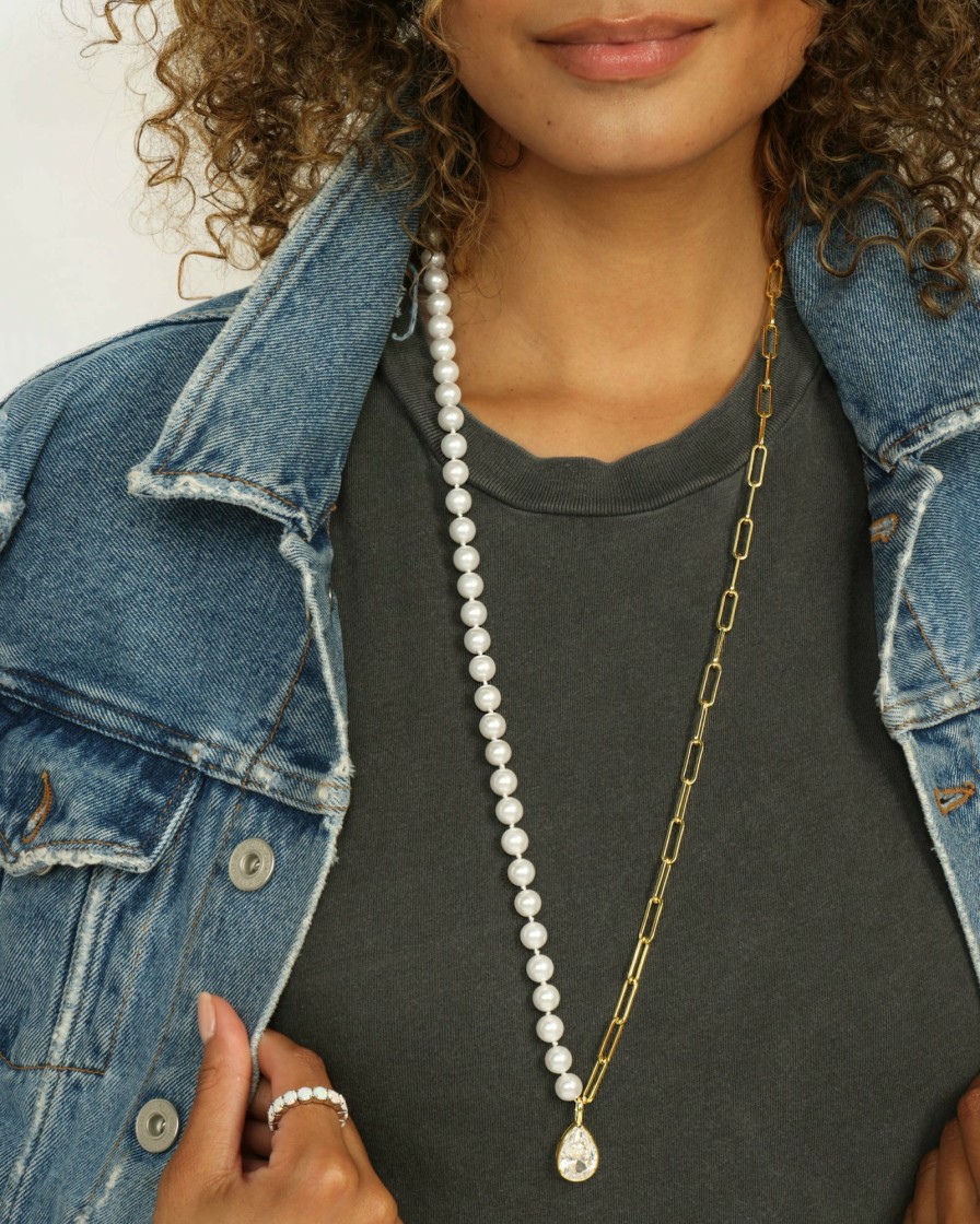 Categories Melinda Maria Jewelry | Samantha Half Chain Pearl Necklace 30" W/Detachable Teardrop